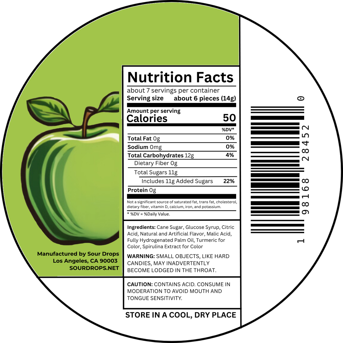 Green Apple Sours nutrition facts label. Per 6 pieces (14g): 50 calories, 12g carbs, 11g added sugars. Ingredients: Cane Sugar, Glucose Syrup, Citric Acid, Natural and Artificial Flavor, Malic Acid, Fully Hydrogenated Palm Oil, Turmeric for Color, Spirulina Extract for Color
