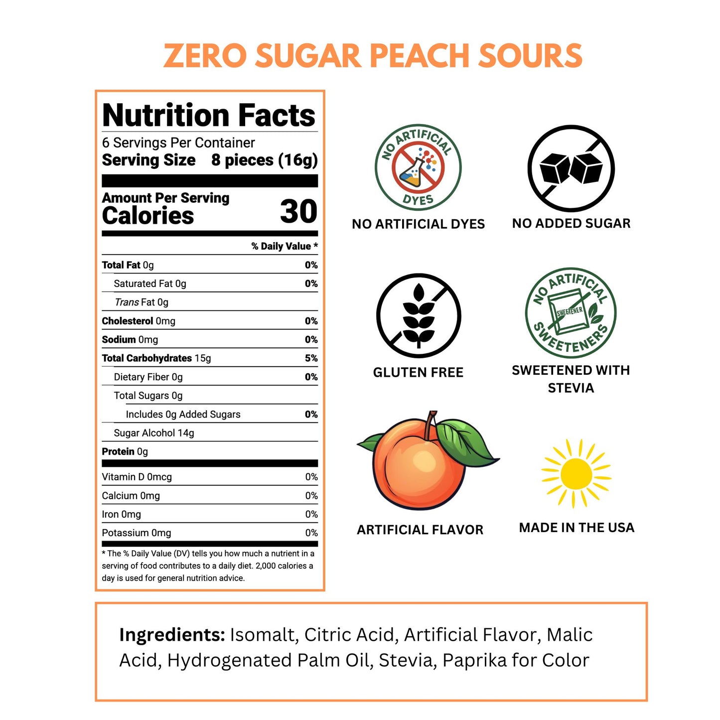 zero sugar peach sours label