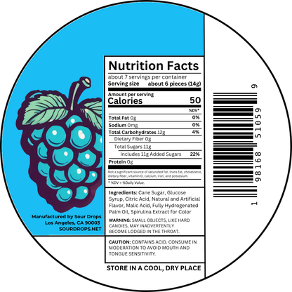 Blue Raspberry Sours nutrition facts label. Per 6 pieces (14g): 50 calories, 12g carbs, 11g added sugars. Ingredients: Cane Sugar, Glucose Syrup, Citric Acid, Natural and Artificial Flavor, Malic Acid, Fully Hydrogenated Palm Oil, Spirulina Extract for Color