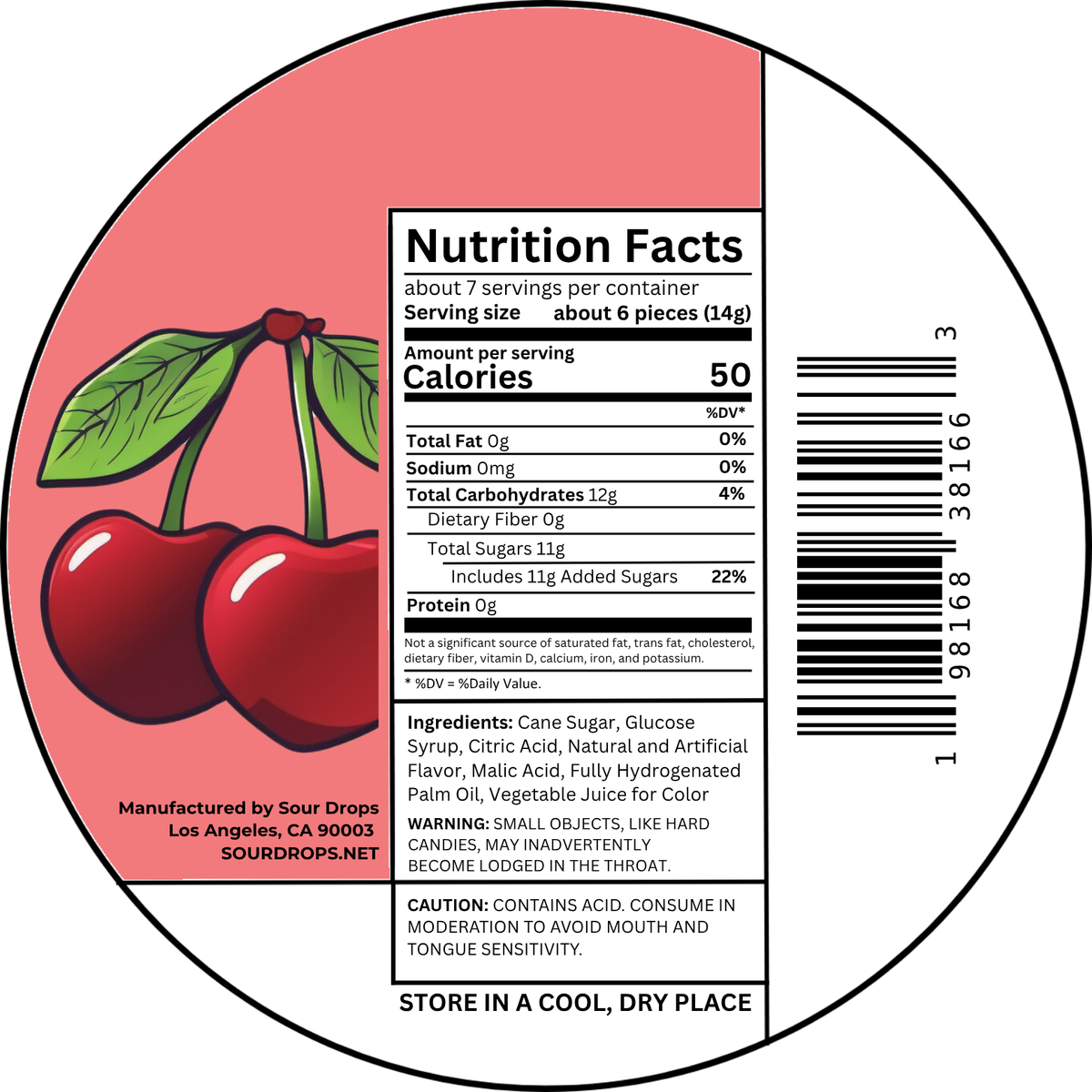 Wild Cherry Sours nutrition facts label. Per 6 pieces (14g): 50 calories, 12g carbs, 11g added sugars. Ingredients: Cane Sugar, Glucose Syrup, Citric Acid, Natural and Artificial Flavor, Malic Acid, Fully Hydrogenated Palm Oil, Vegetable Juice for Color