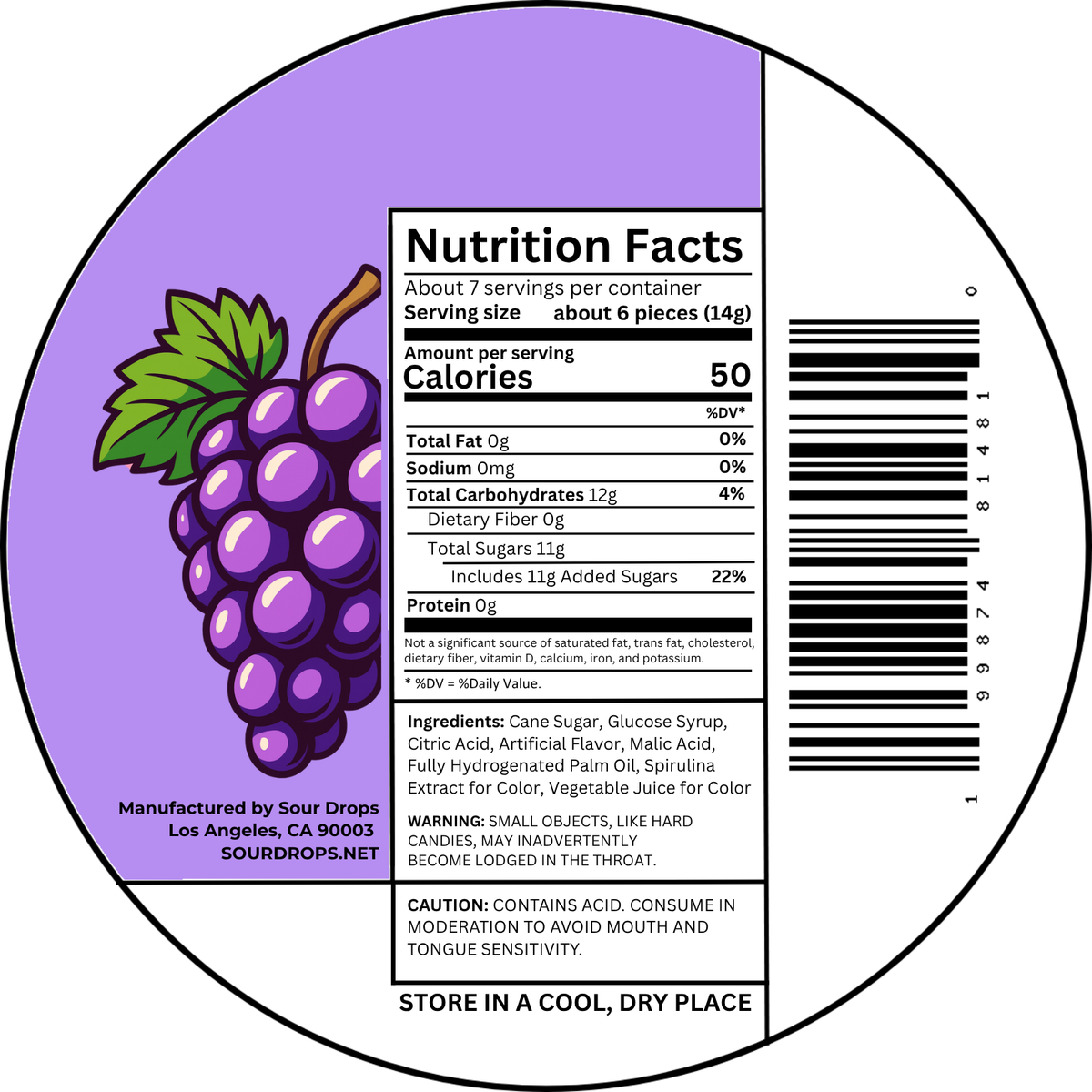 Grape Sours nutrition facts label. Per 6 pieces (14g): 50 calories, 12g carbs, 11g added sugars. Ingredients: Cane Sugar, Glucose Syrup, Citric Acid, Artificial Flavor, Malic Acid, Fully Hydrogenated Palm Oil, Spirulina Extract for Color, Vegetable Juice for Color