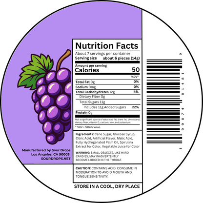 Grape Sours nutrition facts label. Per 6 pieces (14g): 50 calories, 12g carbs, 11g added sugars. Ingredients: Cane Sugar, Glucose Syrup, Citric Acid, Artificial Flavor, Malic Acid, Fully Hydrogenated Palm Oil, Spirulina Extract for Color, Vegetable Juice for Color