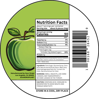 Green Apple Sours nutrition facts label. Per 6 pieces (14g): 50 calories, 12g carbs, 11g added sugars. Ingredients: Cane Sugar, Glucose Syrup, Citric Acid, Natural and Artificial Flavor, Malic Acid, Fully Hydrogenated Palm Oil, Turmeric for Color, Spirulina Extract for Color