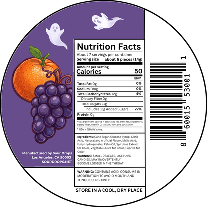 Haunted Sours nutrition facts label. Per 6 pieces (14g): 50 calories, 12g carbs, 11g added sugars. Ingredients: Cane Sugar, Glucose Syrup, Citric Acid, Natural and Artificial Flavor, Malic Acid, Fully Hydrogenated Palm Oil, Spirulina Extract for Color, Vegetable Juice for Color, Paprika for Color