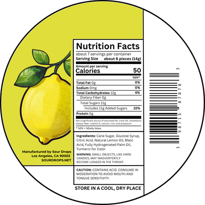 Lemon Sours nutrition facts label. Per 6 pieces (14g): 50 calories, 12g carbs, 11g added sugars. Ingredients: Cane Sugar, Glucose Syrup, Citric Acid, Natural Lemon Oil, Malic Acid, Fully Hydrogenated Palm Oil, Turmeric for Color