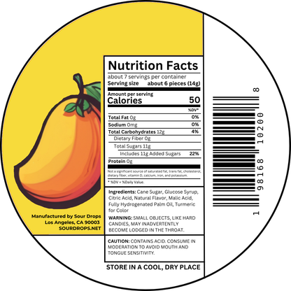 Mango Sours nutrition facts label. Per 6 pieces (14g): 50 calories, 12g carbs, 11g added sugars. Ingredients: Cane Sugar, Glucose Syrup, Citric Acid, Natural Flavor, Malic Acid, Fully Hydrogenated Palm Oil, Turmeric for Color