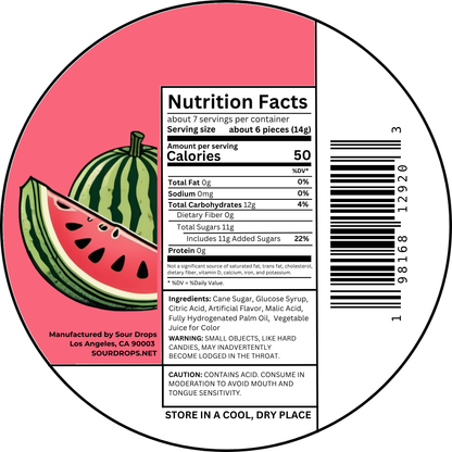 Watermelon Sours nutrition facts label. Per 6 pieces (14g): 50 calories, 12g carbs, 11g added sugars. Ingredients: Cane Sugar, Glucose Syrup, Citric Acid, Artificial Flavor, Malic Acid, Fully Hydrogenated Palm Oil, Vegetable Juice for Color