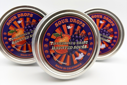 Three Tangerine & Grape Haunted Sours tins, the 3-Tin Bundle of dye-free Halloween sour candy