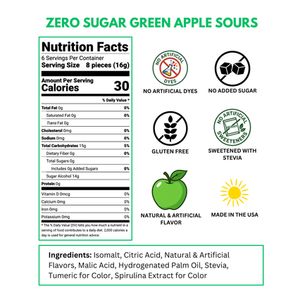 zero sugar green apple sour hard candy nutrition label